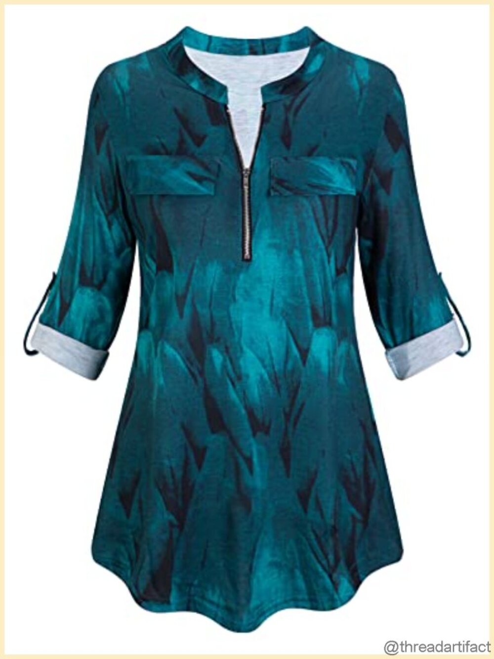 Women's Zip V-Neck Plaid Tunic Blouse Roll Sleeve Loose Fit Work Top